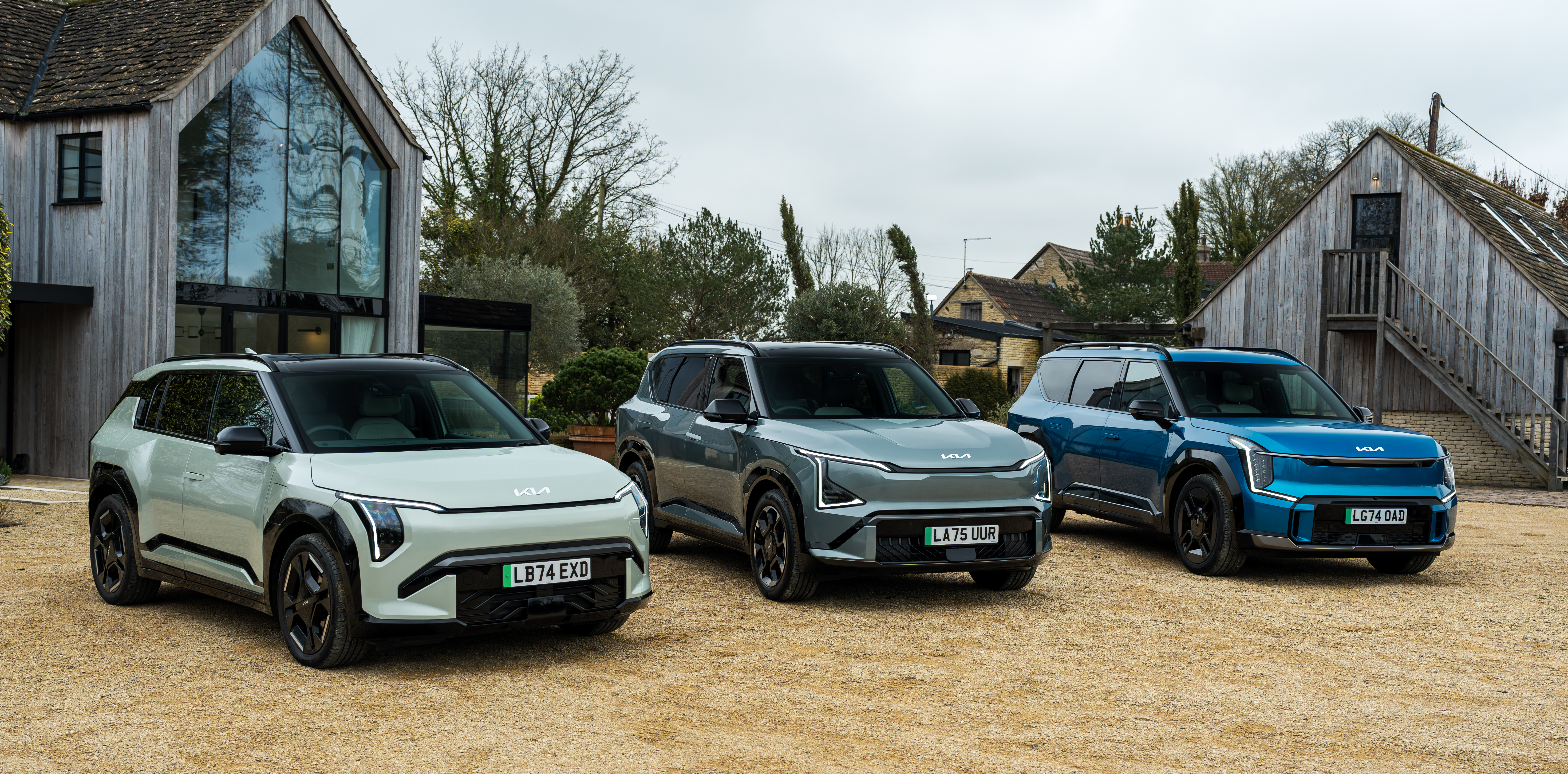 Kia EV3, EV5 and EV9 parked together