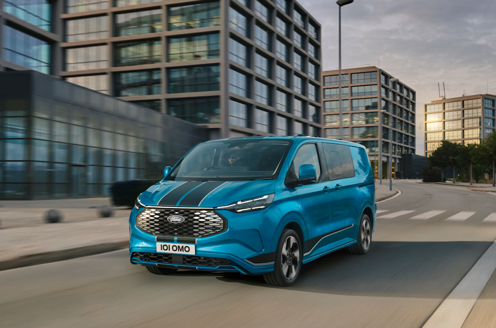 Ford E-Transit Custom driving front three quarters