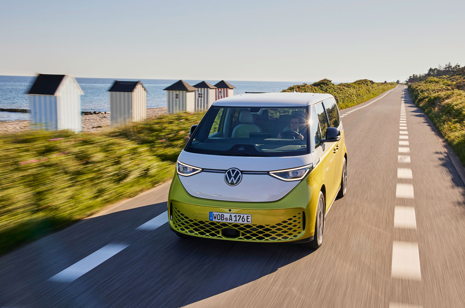 Volkswagen ID. Buzz front three quarters on the road