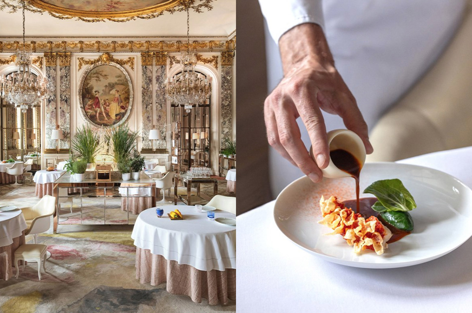 Interior of French restaurant and food on table 