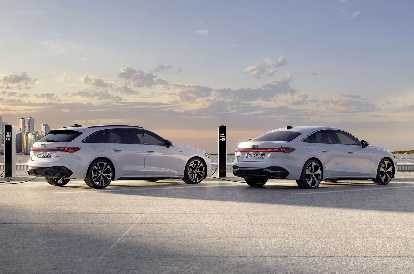 Audi A5 PHEV hatchback and Avant rear, on charge