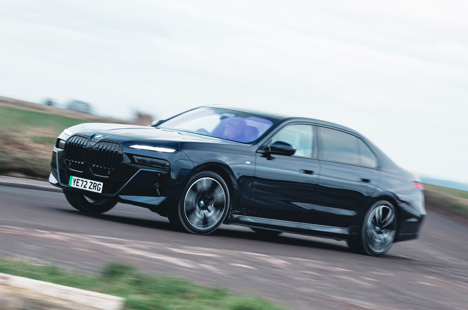 BMW i7 electric luxury car front cornering
