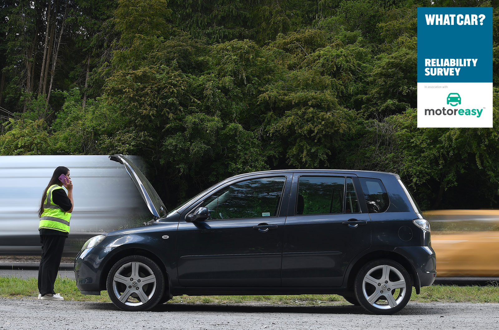 What car reliability survey header image of broken down car