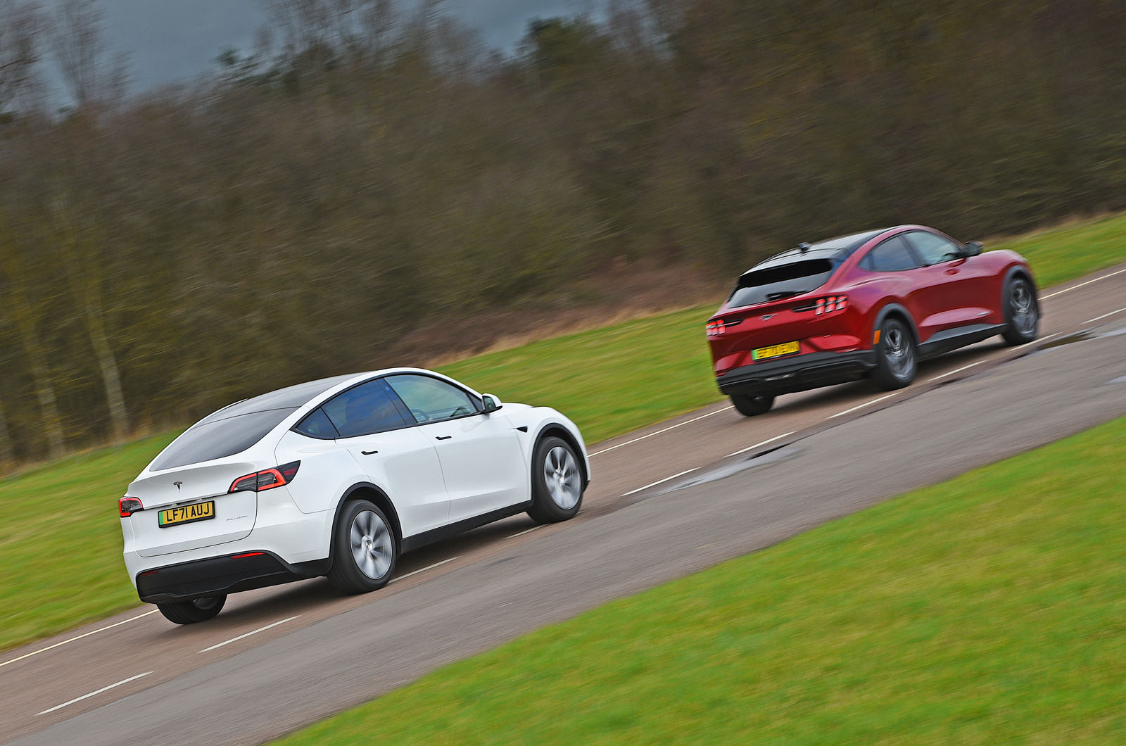 Tesla Model Y and Ford Mustang Mach-E electric cars