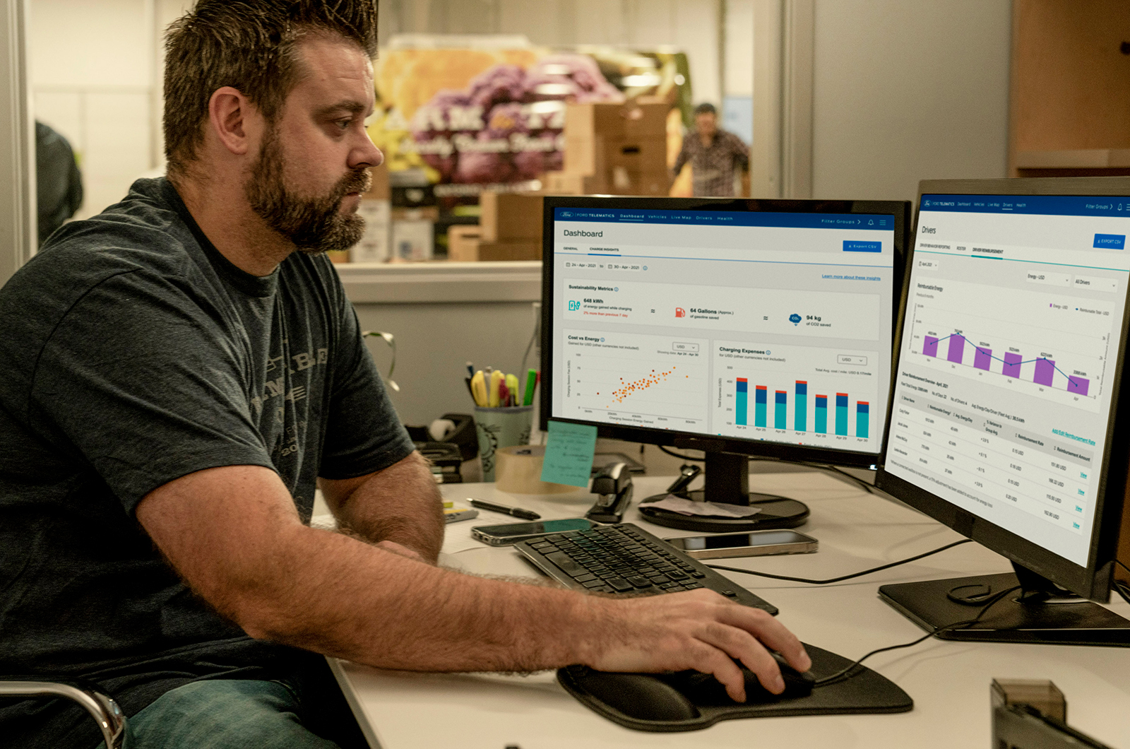 Man at desk viewing Ford Pro data on desktop