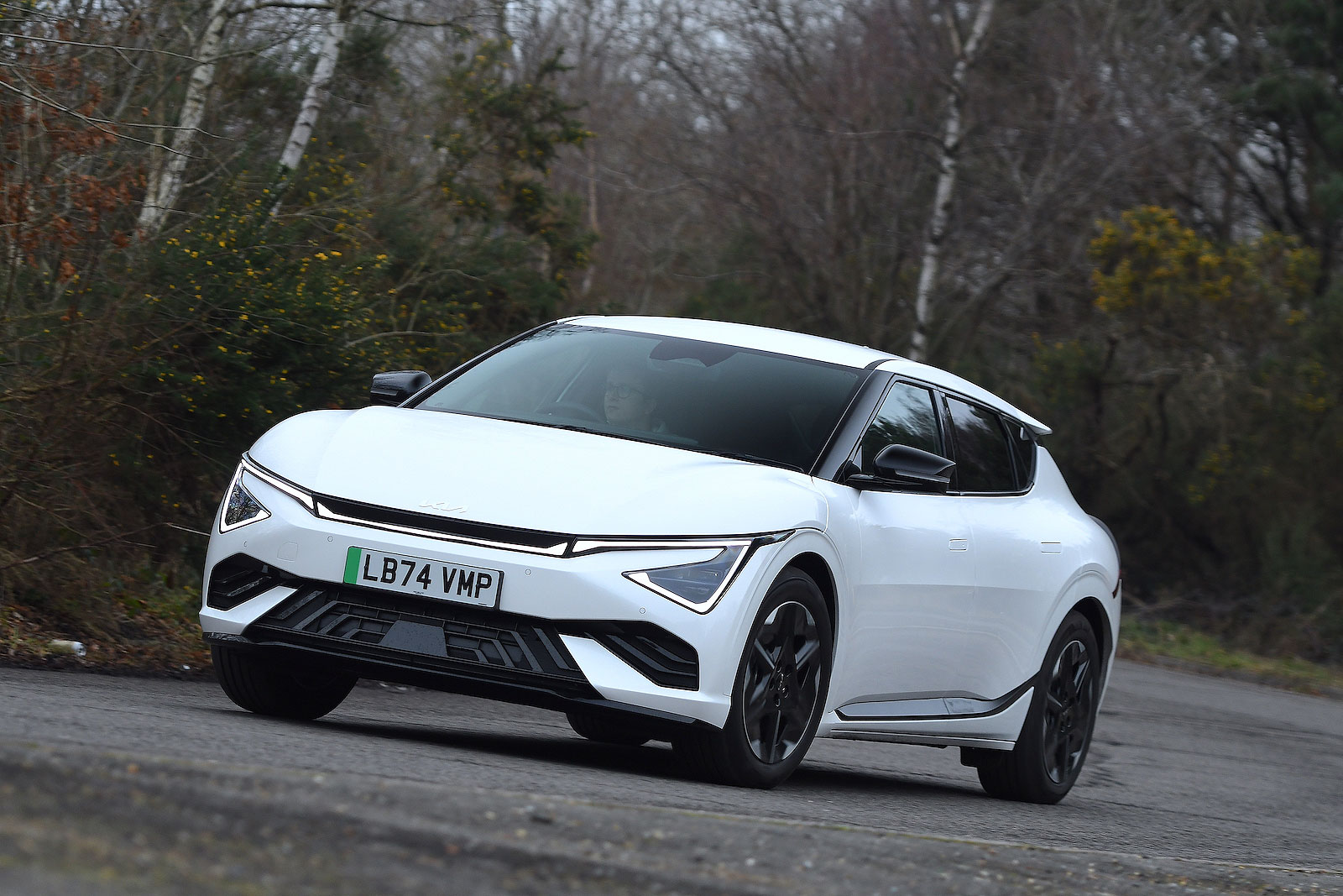 White Kia EV6 right cornering