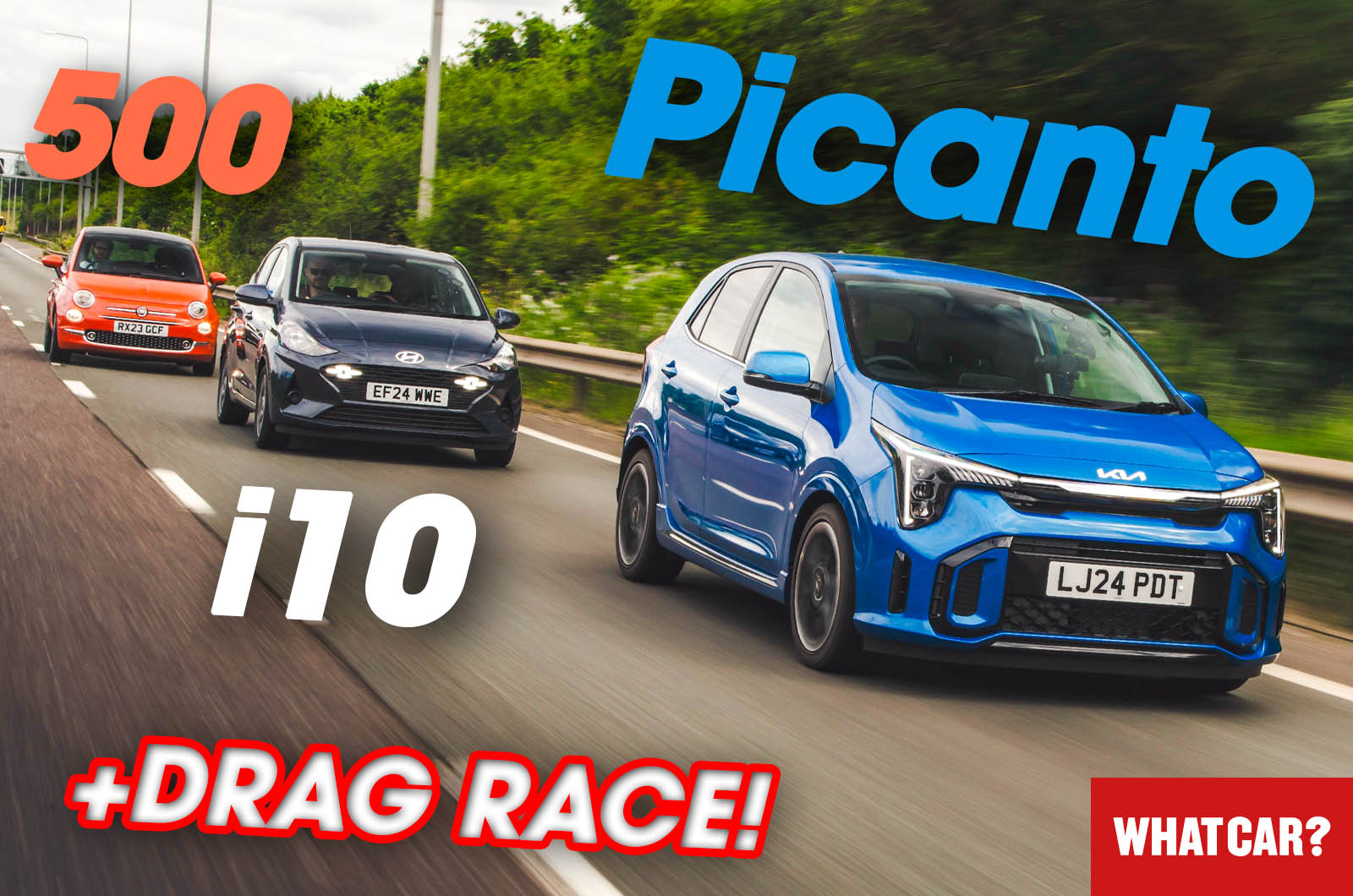 Kia Picanto vs Fiat 500 vs Hyundai i10 on dual carriageway
