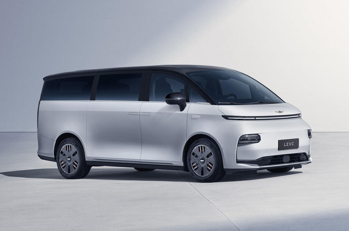 static of a white LEVC L380 minivan