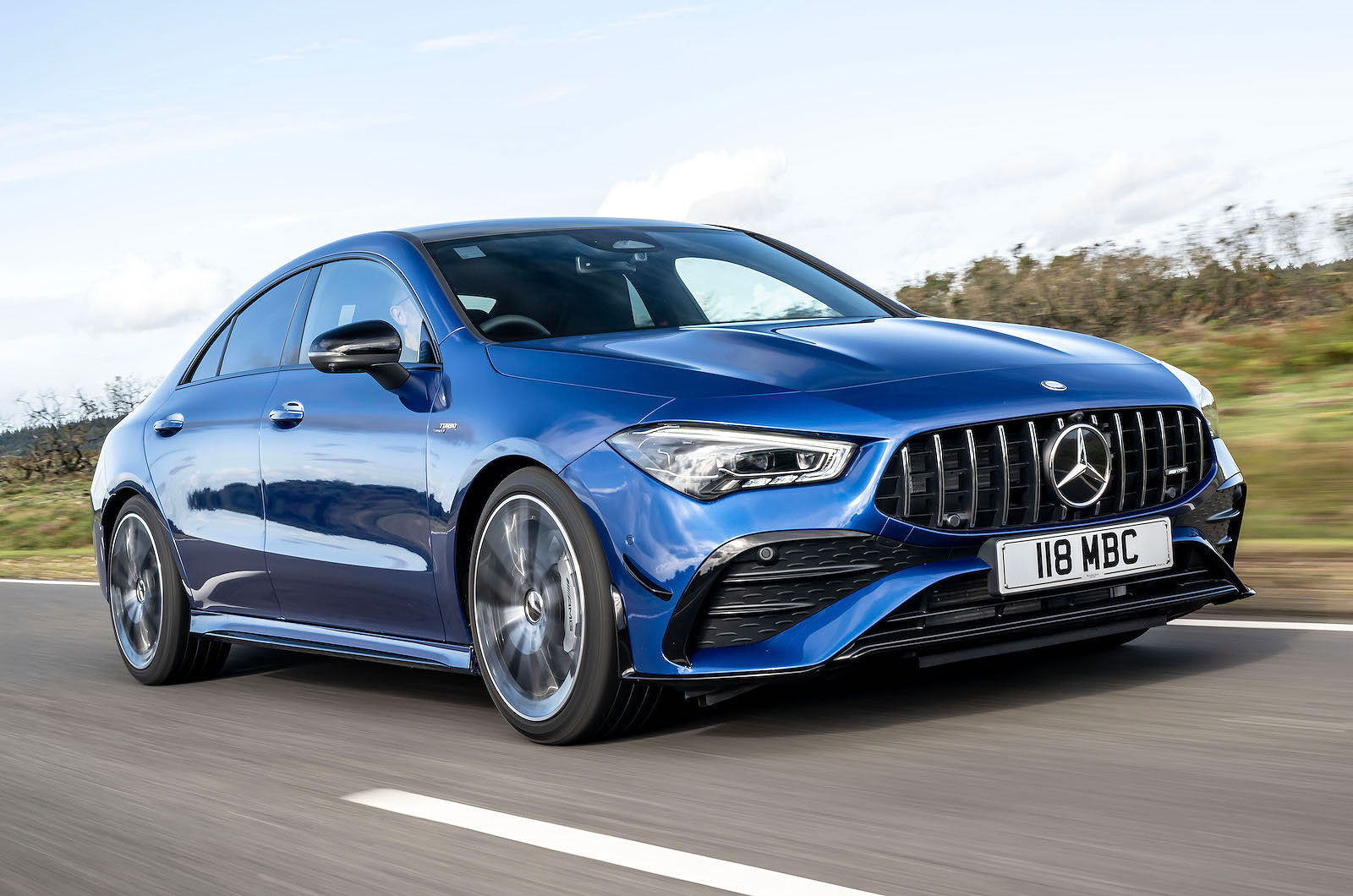 Blue Mercedes-AMG CLA 35 front right driving