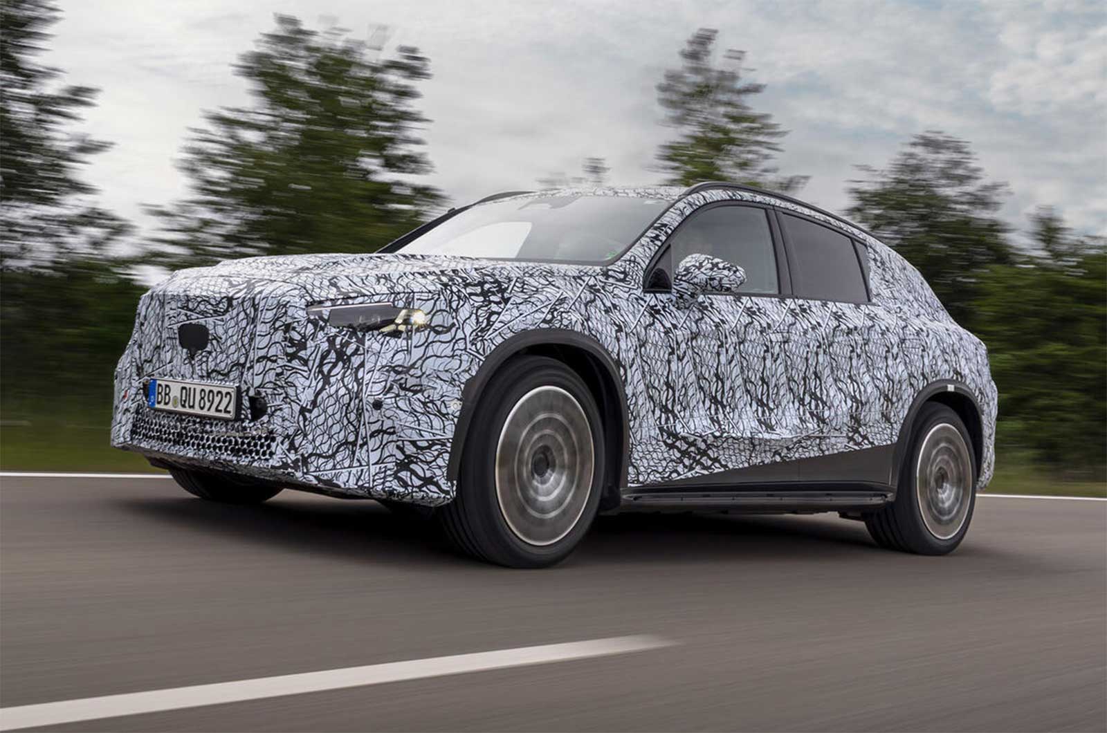 Mercedes GLC EV driving front three quarter