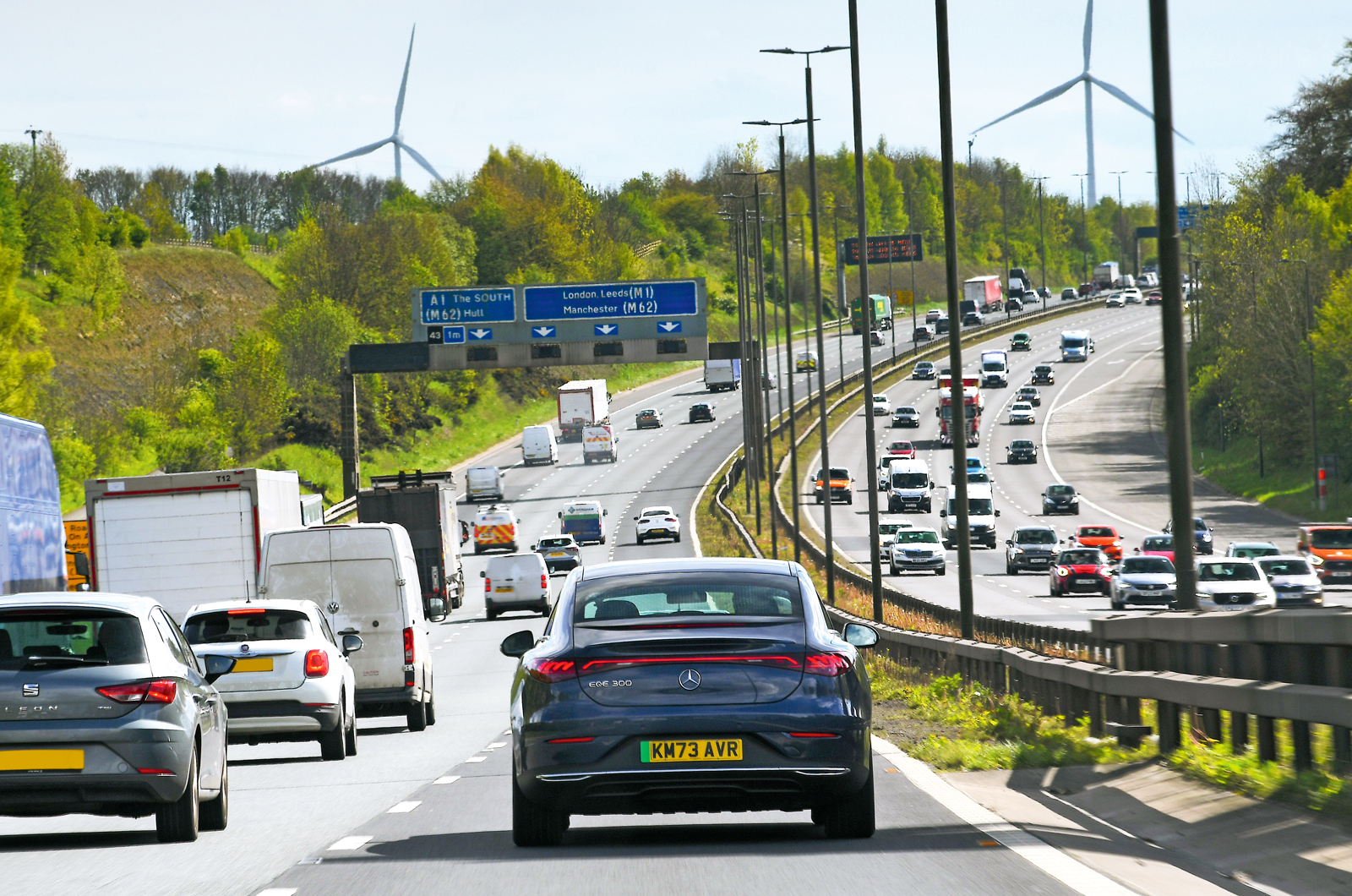 Mercedes EQE stuck in traffic on motorway