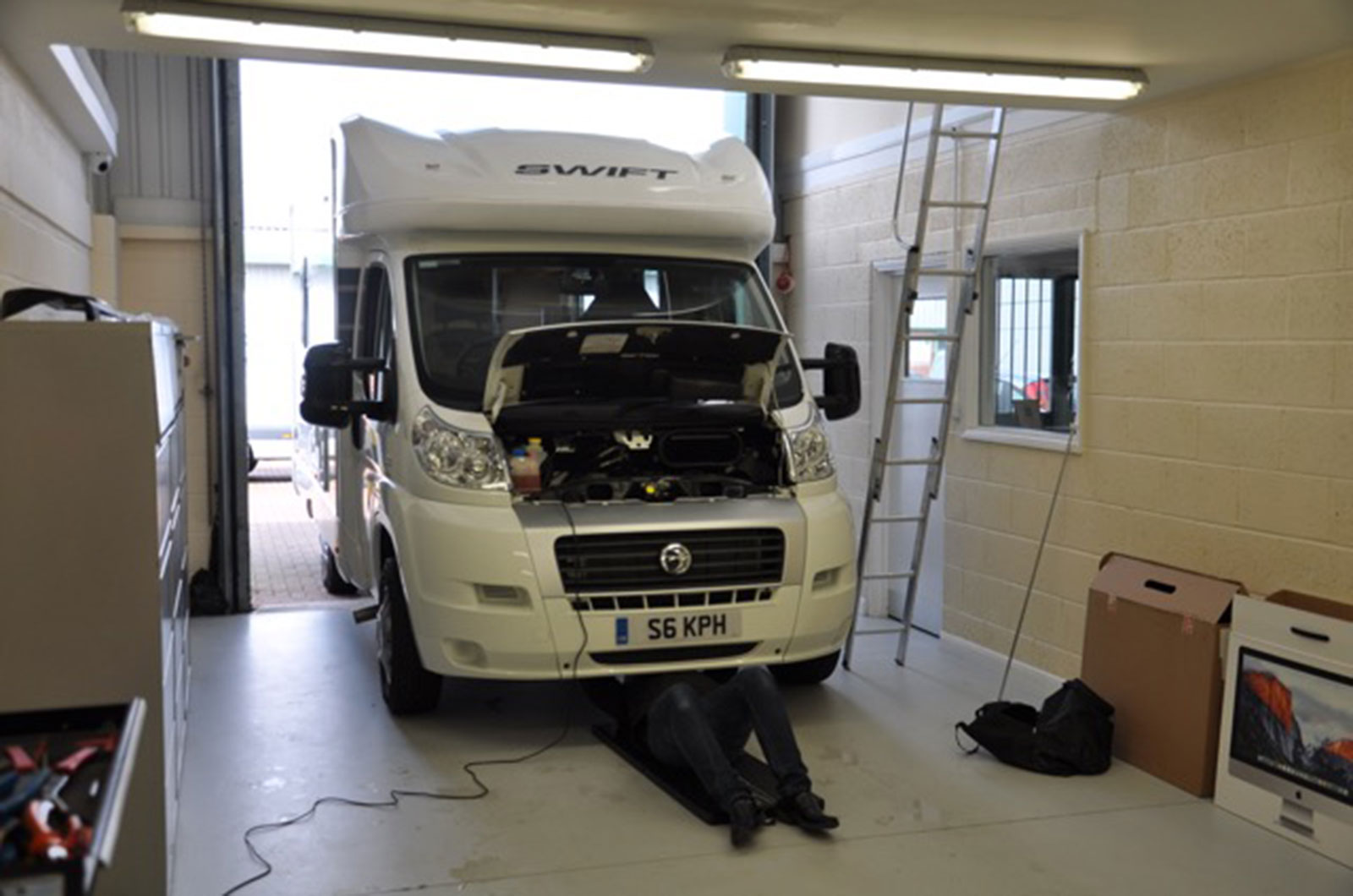 Motorhome with bonnet open