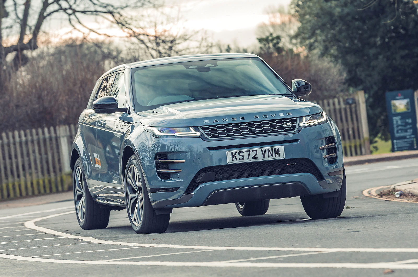 Grey Range Rover Evoque front cornering
