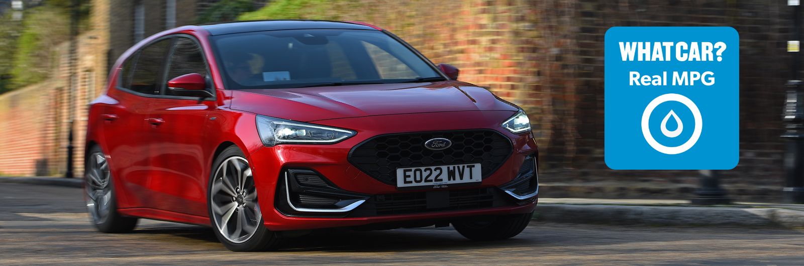 Red Ford Focus cornering with Real MPG logo