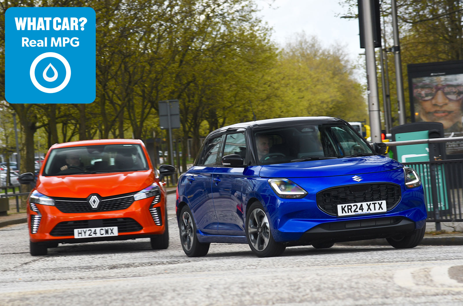Renault Clio and Suzuki Swift driving in town
