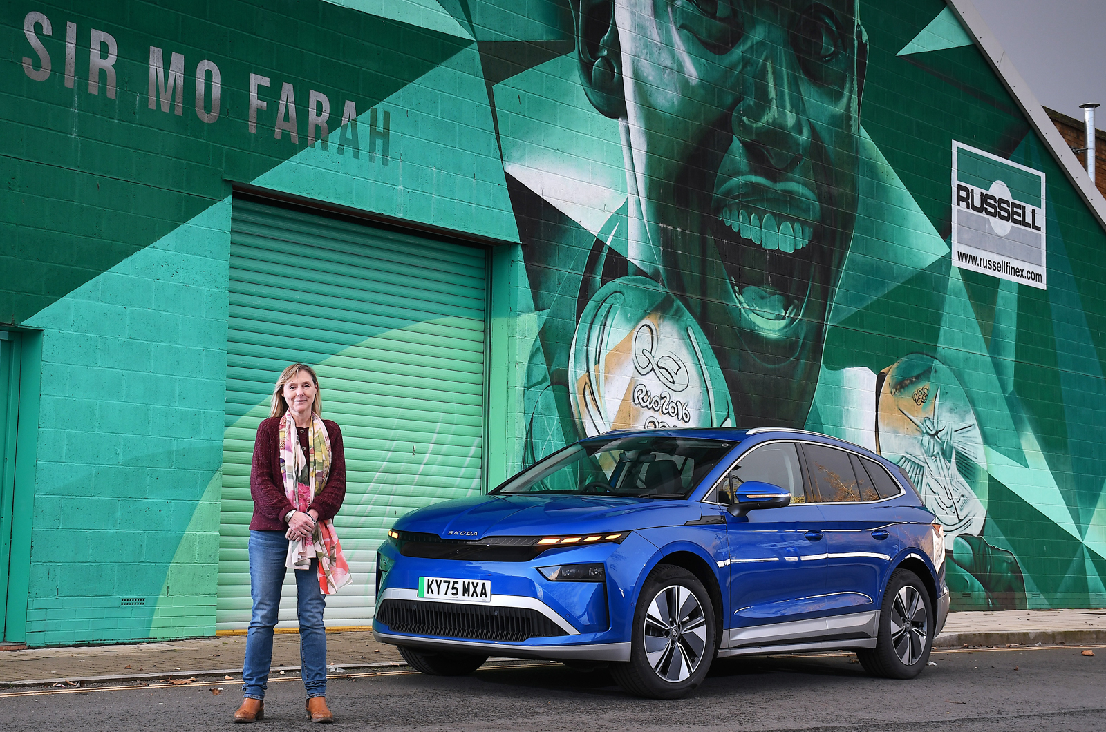 Skoda Enyaq long termer with Mo Farah mural