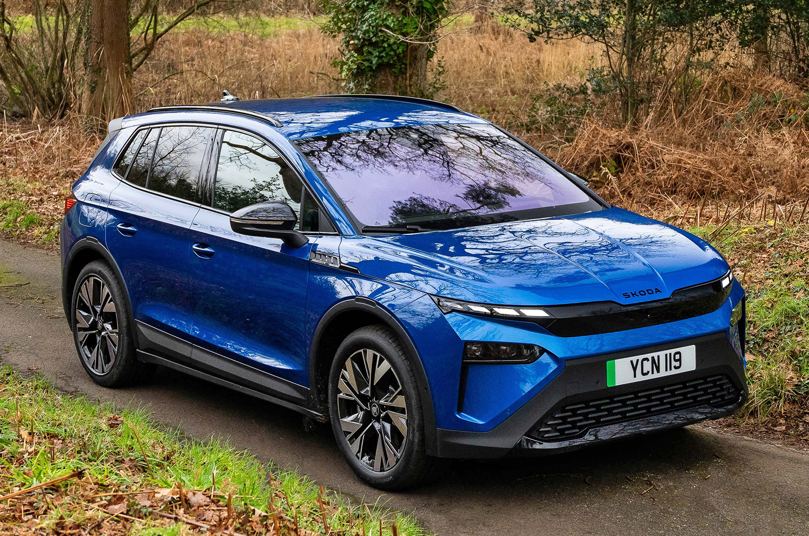 Front 3/4 of a blue Skoda Elroq in the woods