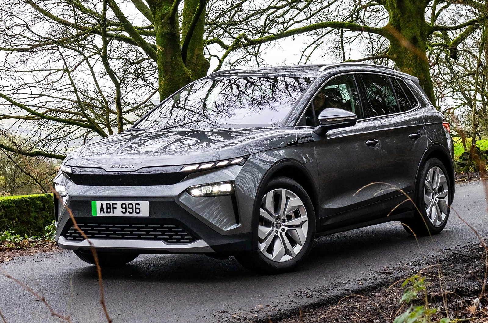 Grey Skoda Elroq viewed from the front three-quarter angle