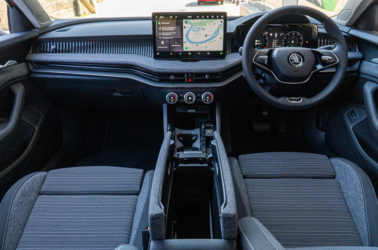 Front interior shot of the Skoda Superb showing front seats and dash area