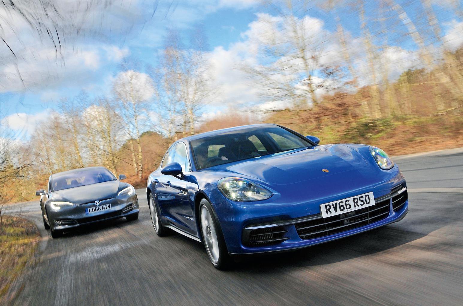 Porsche Panamera leading Tesla Model S
