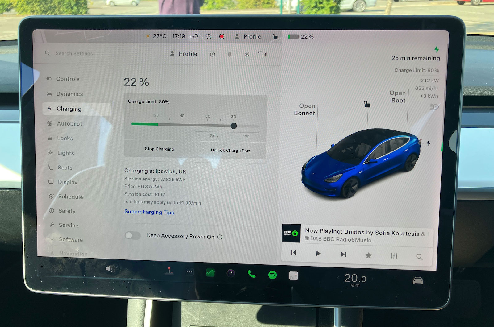 Tesla Model 3 Performance charging screen