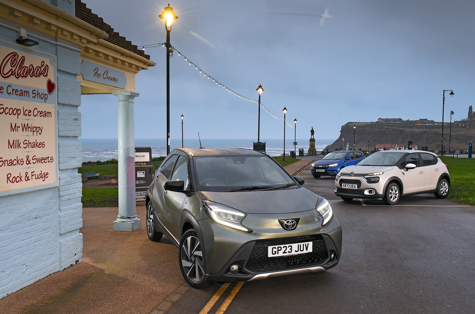 Toyota Aygo X with Citroen C3 and Dacia Sandero front static