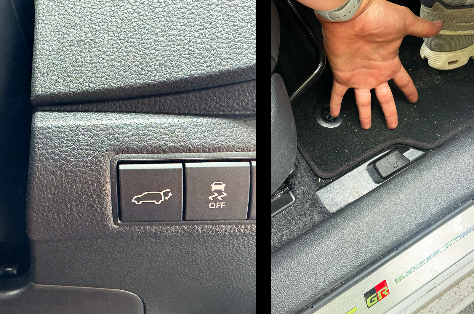Toyota Corolla Touring Sports boot release button on the left and fuel cap release on the right