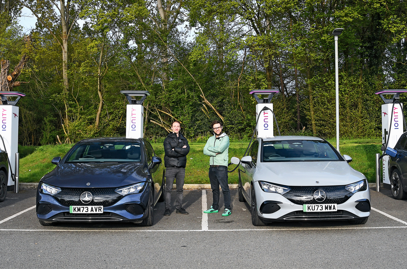 Two Mercedes EQEs at Ionity charging station