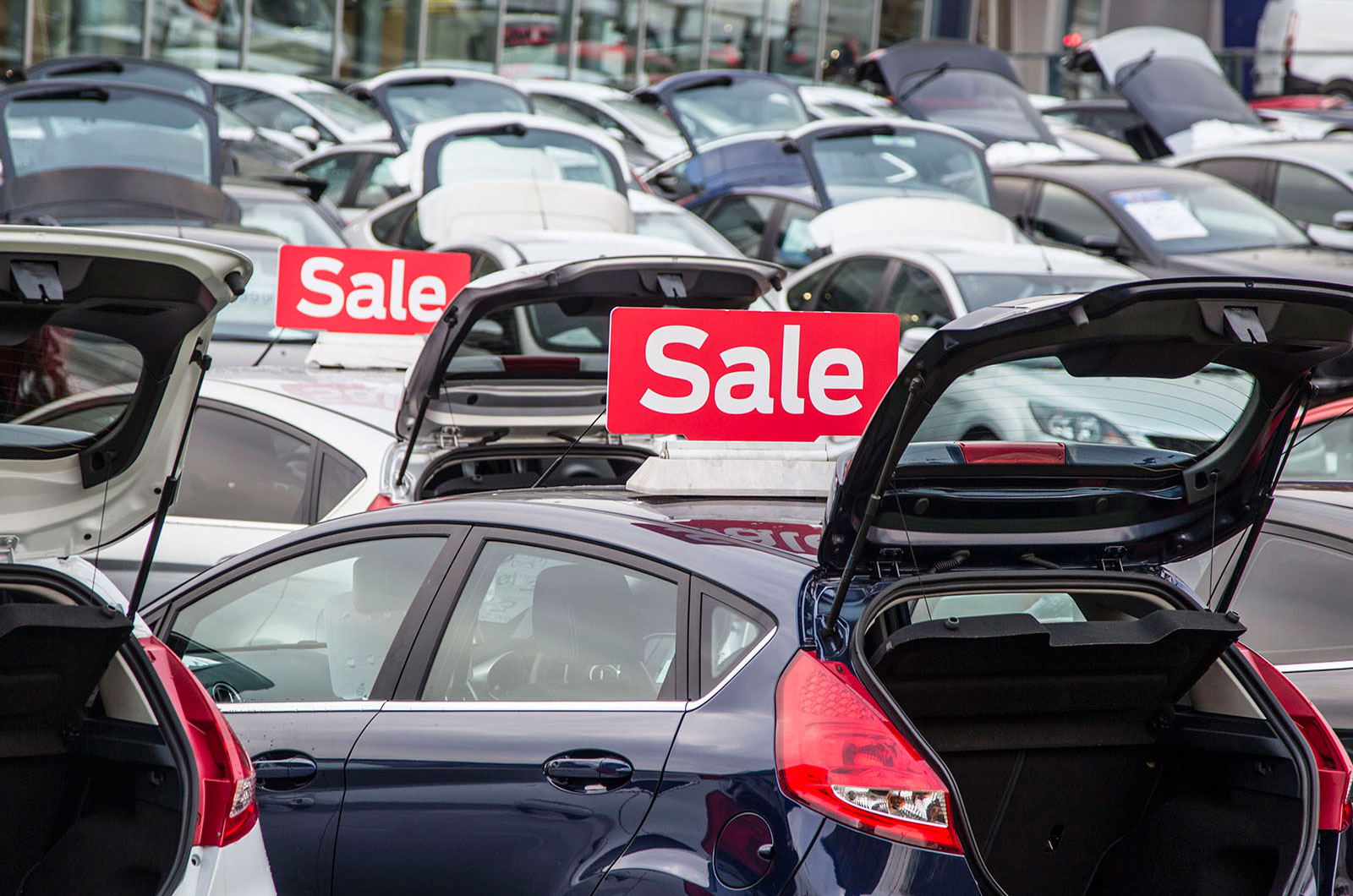 Rows of used cars on a dealership forecourt