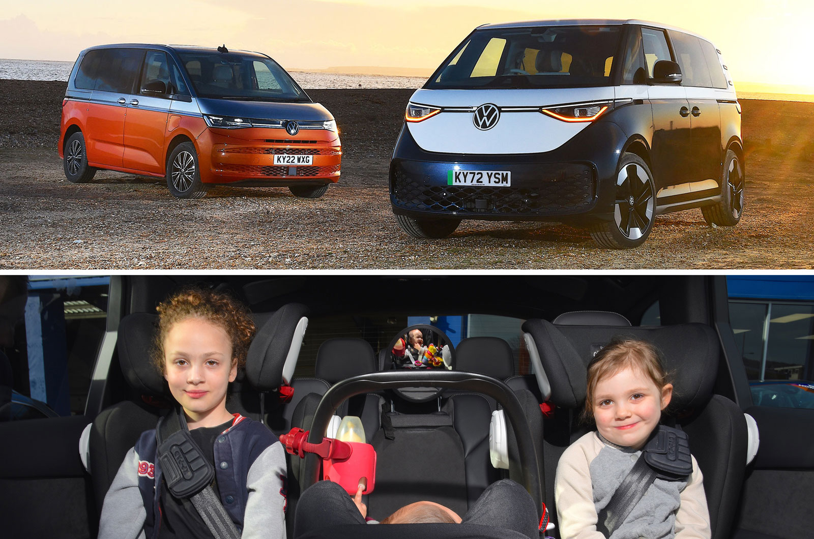 Volkswagen ID Buzz MPV blue with Volkswagen Multivan MPV orange, plus children in back