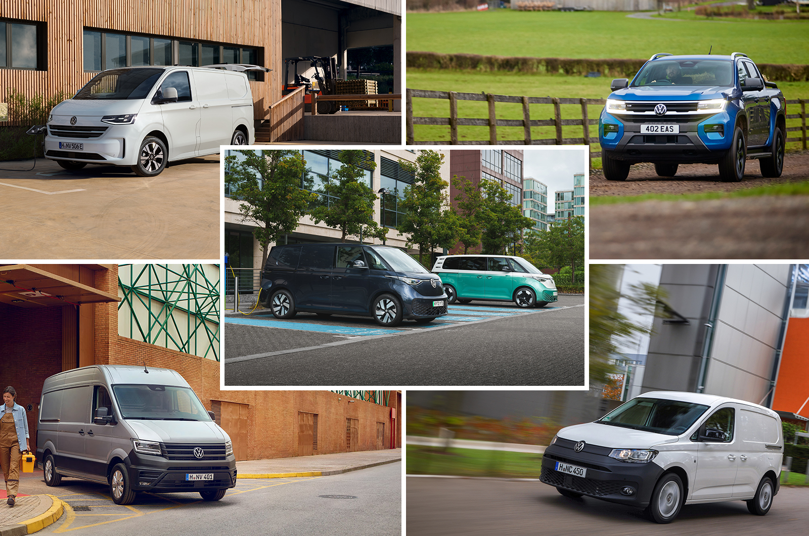 A collage of five Volkswagen commercial vehicles, including the Caddy Cargo, Transporter, Crafter, Amarok and ID. Buzz Cargo
