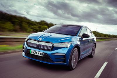 Skoda Enyaq VRS driving front three quarters