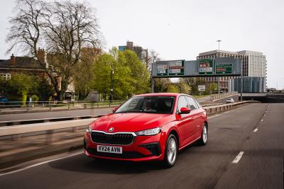 Skoda Scala driving front three quarters