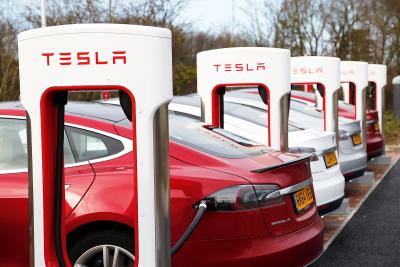 Tesla charging station with Tesla Model S cars