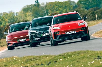 Porsche Macan GTS, Audi SQ6 and Tesla Model Y front driving