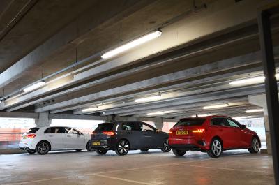 Audi A3 TFSIe and Volkswagen Golf GTE vs Mercedes A250e rears