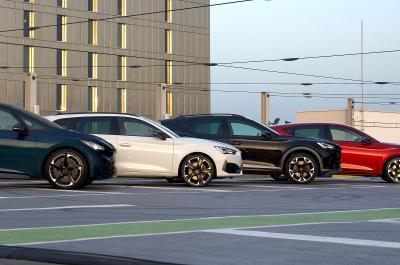Four Cupra car models parked together