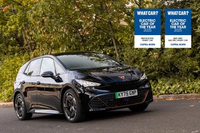 Black Cupra Born front three-quarter image with Electric Car of the Year logos