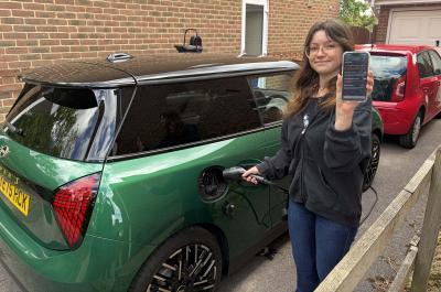 Eleanor charging Mini Cooper SE with Mini app