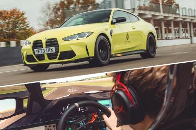 Goodwood virtual vs reality: BMW M4 above person on driving simulator