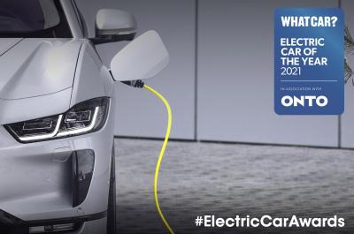 Jaguar I-Pace charging with Electric Car Awards 2021 logo