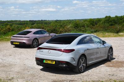 Mercedes EQE and Porsche Taycan rears