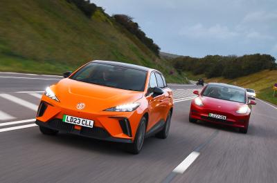 MG 4 and Tesla Model 3 driving - fronts