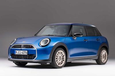 Mini Cooper five-door hatchback blue front static