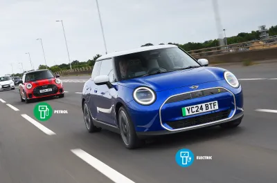 Mini Cooper SE and Mini Cooper S on motorway fronts