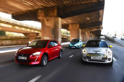 Mini Electric vs Peugeot e-208 vs Renault Zoe front action