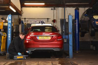 MOT garage - Mercedes C-Class being tested