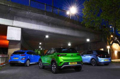 New Vauxhall Mokka-e and Hyundai Kona Electric vs Volkswagen ID.3 rears