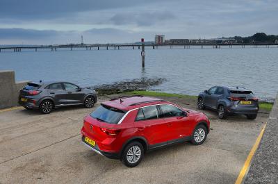 New Volkswagen T-Roc vs Ford Puma vs Toyota Yaris Cross rears