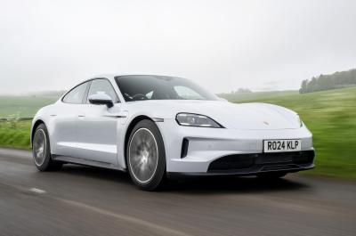 Porsche Taycan front driving silver